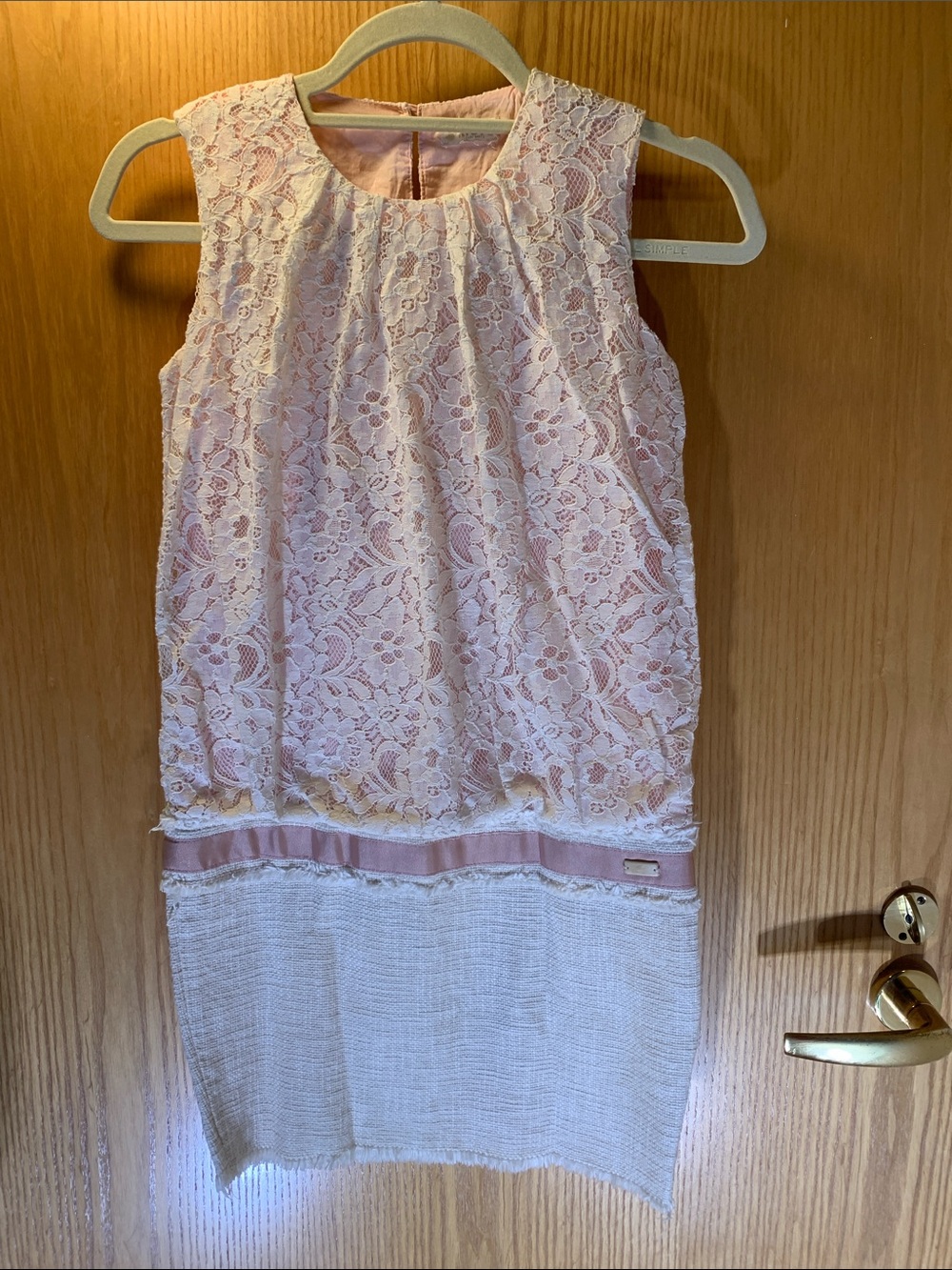 100% Cotton Sleeveless Pink Lace,Tweed & Grosgrain Ribbon Shift Dress - Size S